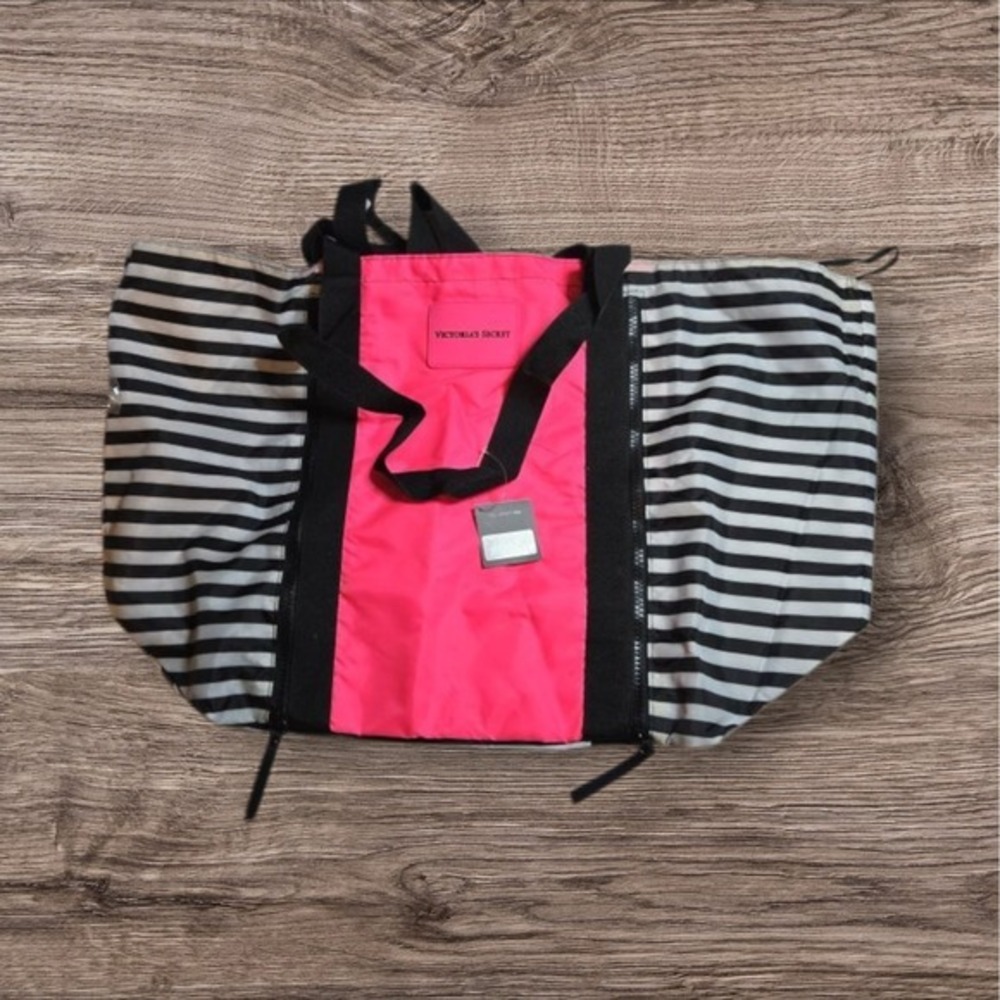 Victoria's Secret VSX Sport Tote Bag Neon Pink Black White Striped 22758410 NWT - Picture 4 of 4